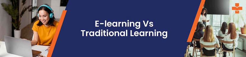 One student is learning online, while on the other side, four students are attending a traditional classroom where the teacher is explaining the subject. The image highlights the differences between online and in-person learning.